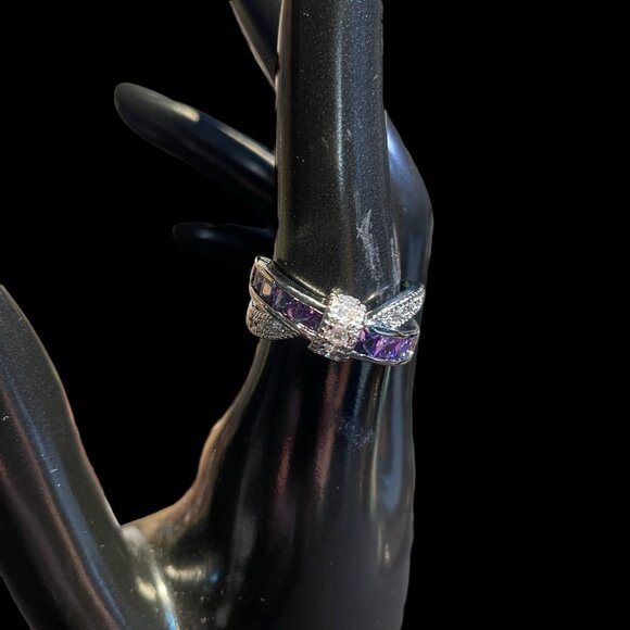 Sterling Silver Amethyst Ring Elegant Crossover Design Retro Gift Size 6 3/4 - Picture 5 of 9